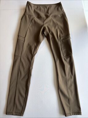 High-Rise Olive Green Performance Leggings with Side Pockets